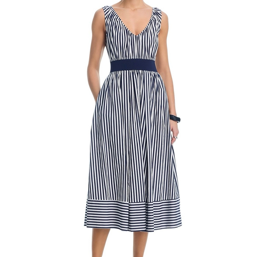 Aqua Navy and White Striped V-Neck Midi Dress